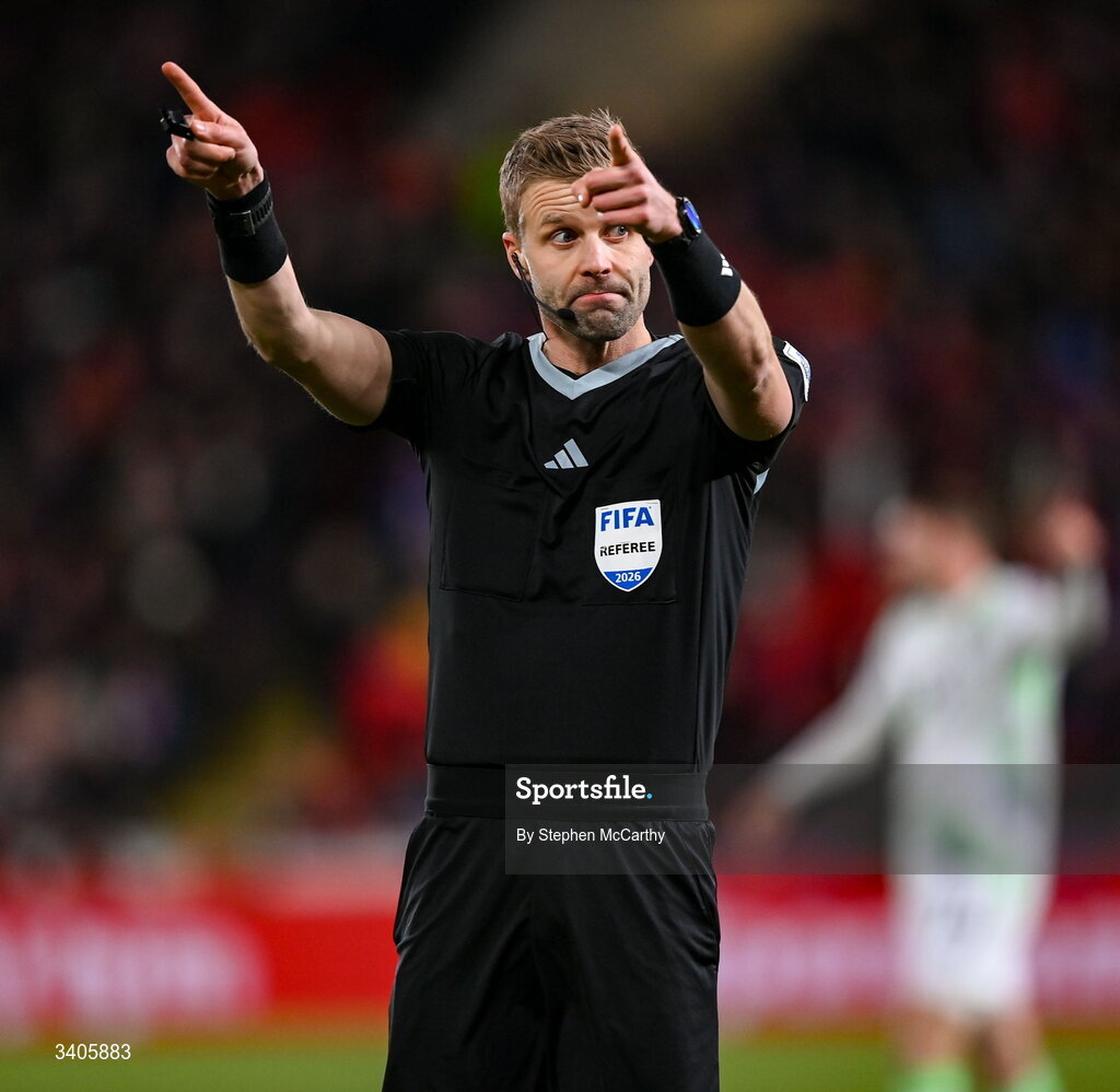 26 March 2026; Referee Glenn Nyberg during the FIFA World Cup 2026 European Qualifiers play-off semi-final match between Czechia and Republic of Ireland at Fortuna Arena in Prague, Czechia. Photo by Stephen McCarthy/Sportsfile