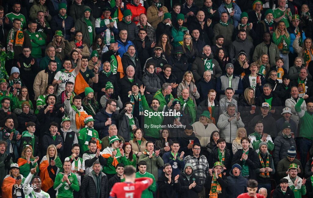 26 March 2026; Republic of Ireland supporters during the FIFA World Cup 2026 European Qualifiers play-off semi-final match between Czechia and Republic of Ireland at Fortuna Arena in Prague, Czechia. Photo by Stephen McCarthy/Sportsfile