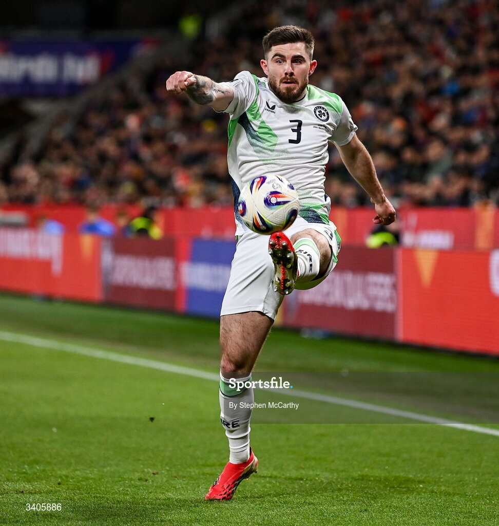 26 March 2026; Ryan Manning of Republic of Ireland during the FIFA World Cup 2026 European Qualifiers play-off semi-final match between Czechia and Republic of Ireland at Fortuna Arena in Prague, Czechia. Photo by Stephen McCarthy/Sportsfile