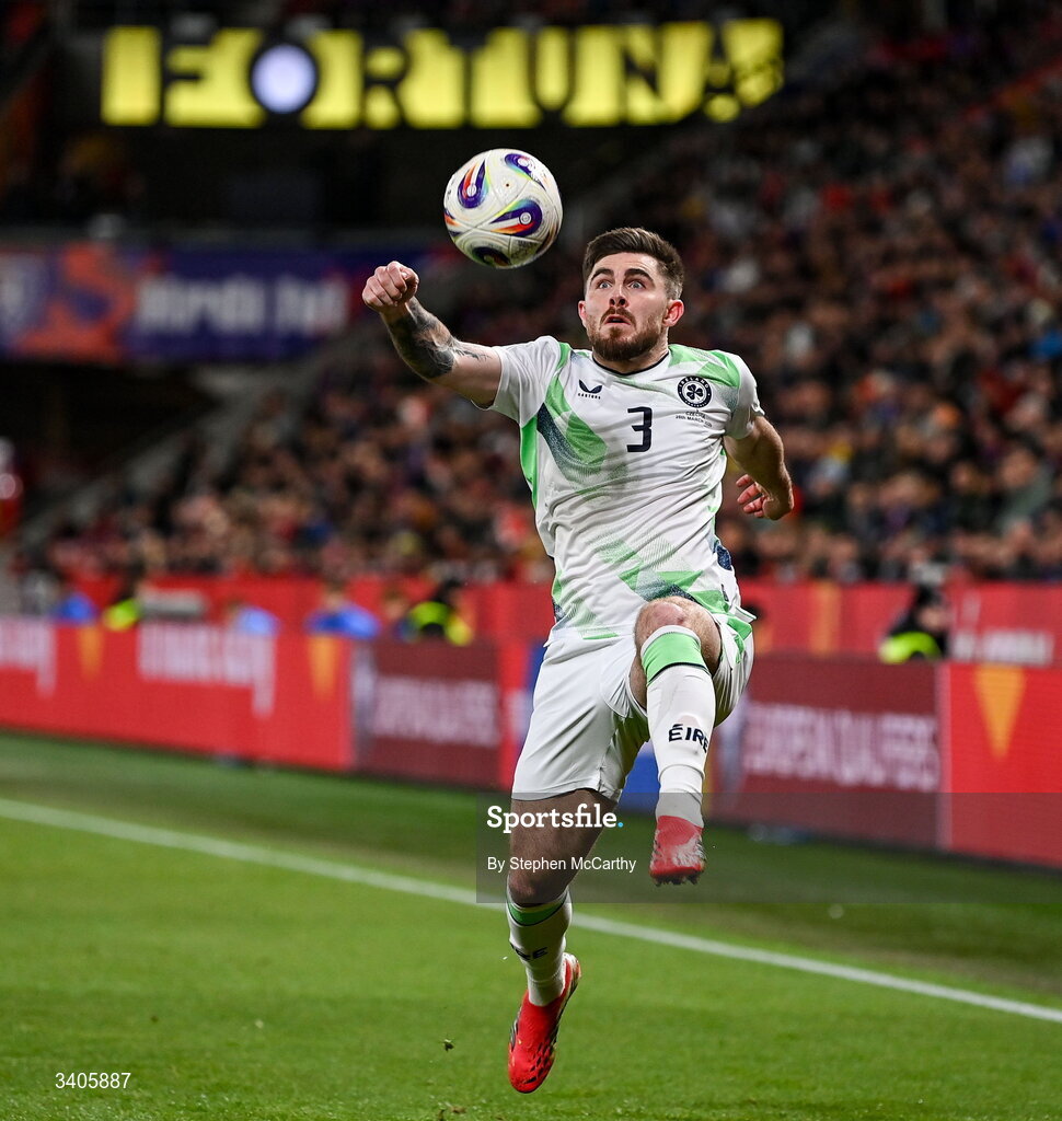 26 March 2026; Ryan Manning of Republic of Ireland during the FIFA World Cup 2026 European Qualifiers play-off semi-final match between Czechia and Republic of Ireland at Fortuna Arena in Prague, Czechia. Photo by Stephen McCarthy/Sportsfile