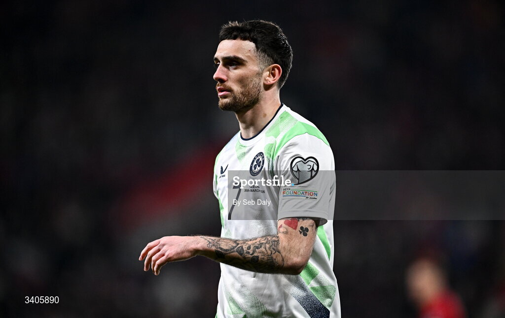 26 March 2026; Troy Parrott of Republic of Ireland during the FIFA World Cup 2026 European Qualifiers play-off semi-final match between Czechia and Republic of Ireland at Fortuna Arena in Prague, Czechia. Photo by Seb Daly/Sportsfile