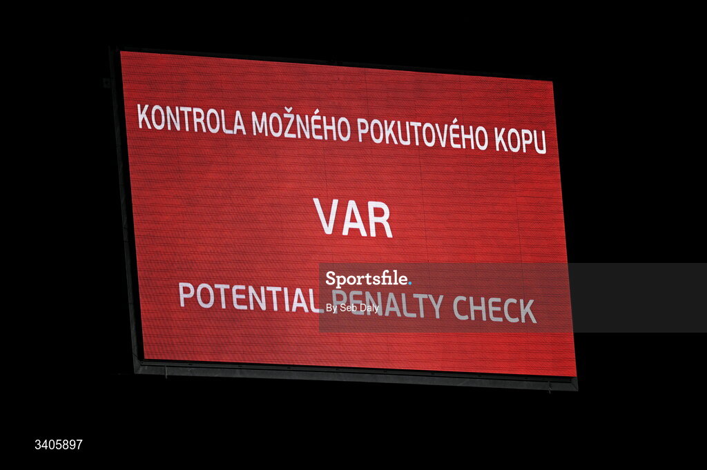 26 March 2026; A general view of the big screen before the FIFA World Cup 2026 European Qualifiers play-off semi-final match between Czechia and Republic of Ireland at Fortuna Arena in Prague, Czechia. Photo by Seb Daly/Sportsfile