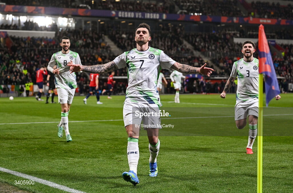 26 March 2026; Troy Parrott of Republic of Ireland celebrates after scoring his side's first goal, a penalty, during the FIFA World Cup 2026 European Qualifiers play-off semi-final match between Czechia and Republic of Ireland at Fortuna Arena in Prague, Czechia. Photo by Stephen McCarthy/Sportsfile