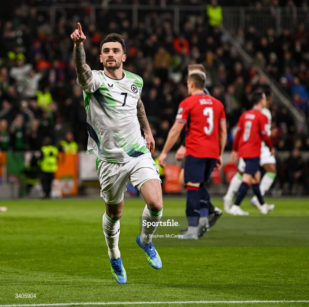 26 March 2026; Troy Parrott of Republic of Ireland celebrates after scoring his side's first goal, a penalty, during the FIFA World Cup 2026 European Qualifiers play-off semi-final match between Czechia and Republic of Ireland at Fortuna Arena in Prague, Czechia. Photo by Stephen McCarthy/Sportsfile