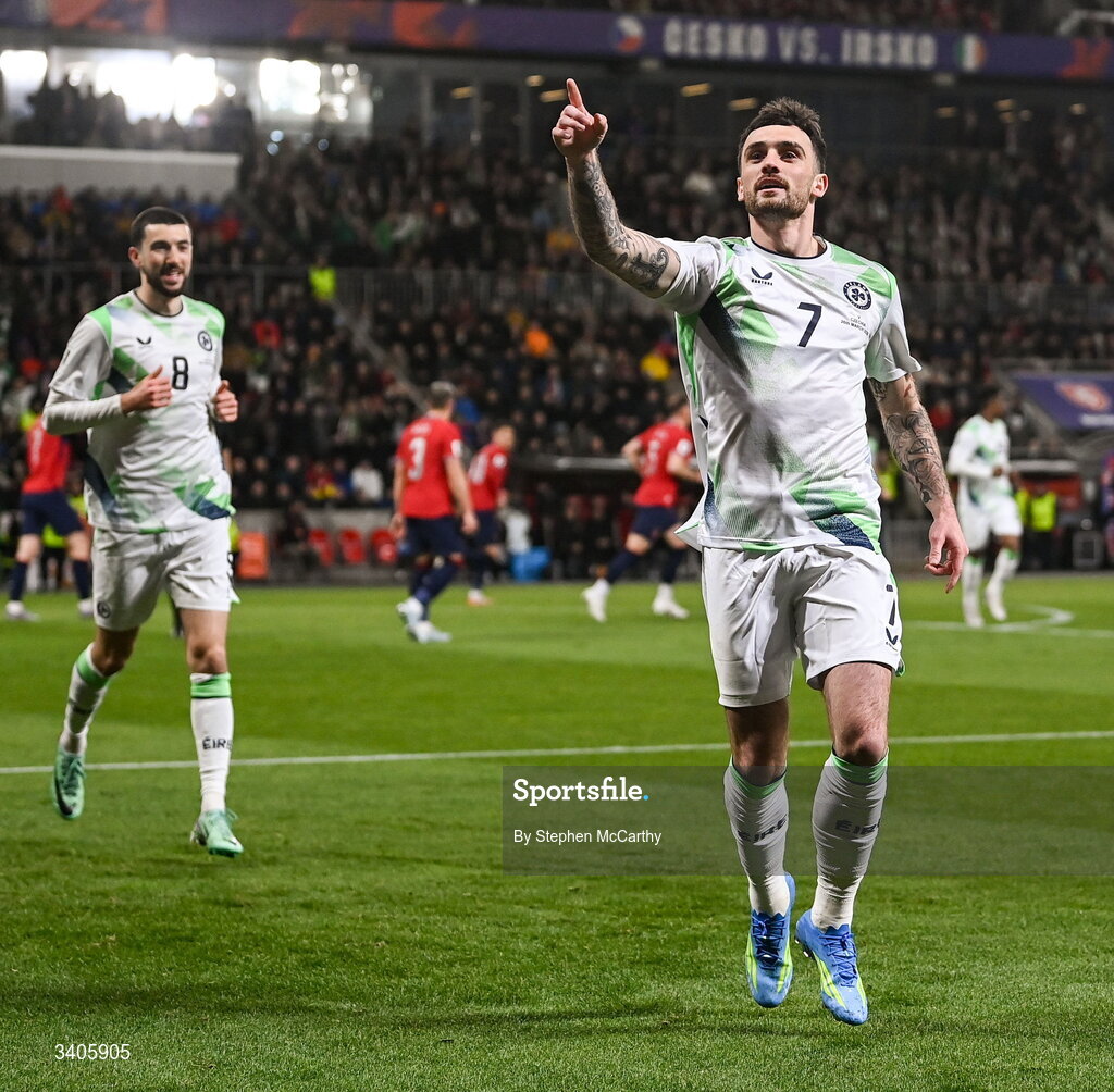 26 March 2026; Troy Parrott of Republic of Ireland celebrates after scoring his side's first goal, a penalty, during the FIFA World Cup 2026 European Qualifiers play-off semi-final match between Czechia and Republic of Ireland at Fortuna Arena in Prague, Czechia. Photo by Stephen McCarthy/Sportsfile