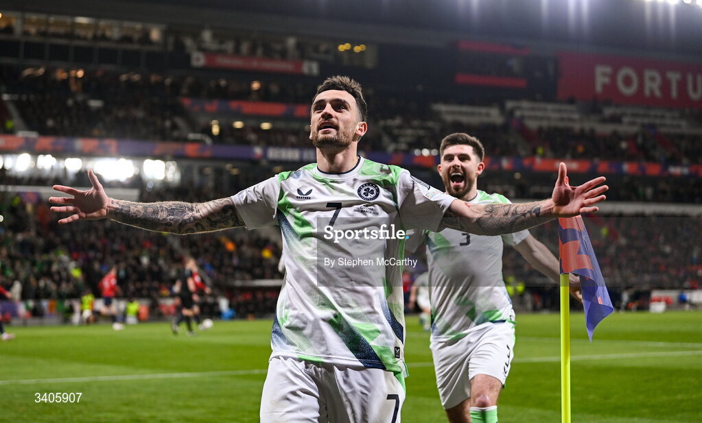 26 March 2026; Troy Parrott of Republic of Ireland celebrates after scoring his side's first goal, a penalty, during the FIFA World Cup 2026 European Qualifiers play-off semi-final match between Czechia and Republic of Ireland at Fortuna Arena in Prague, Czechia. Photo by Stephen McCarthy/Sportsfile