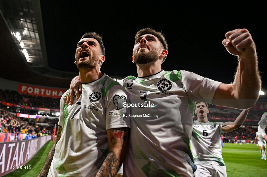 26 March 2026; Troy Parrott of Republic of Ireland, left, celebrates with team-mate Ryan Manning after scoring his side's first goal, a penalty, during the FIFA World Cup 2026 European Qualifiers play-off semi-final match between Czechia and Republic of Ireland at Fortuna Arena in Prague, Czechia. Photo by Stephen McCarthy/Sportsfile