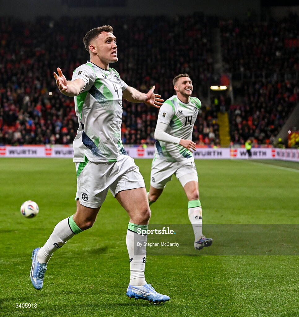 26 March 2026; Dara O'Shea of Republic of Ireland celebrates his side's second goal, an own goal by Matej Kovár of Czechia, during the FIFA World Cup 2026 European Qualifiers play-off semi-final match between Czechia and Republic of Ireland at Fortuna Arena in Prague, Czechia. Photo by Stephen McCarthy/Sportsfile
