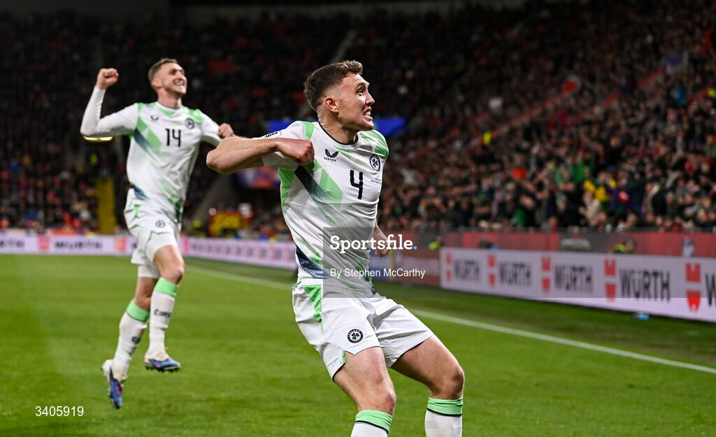 26 March 2026; Dara O'Shea of Republic of Ireland celebrates his side's second goal, an own goal by Matej Kovár of Czechia, during the FIFA World Cup 2026 European Qualifiers play-off semi-final match between Czechia and Republic of Ireland at Fortuna Arena in Prague, Czechia. Photo by Stephen McCarthy/Sportsfile