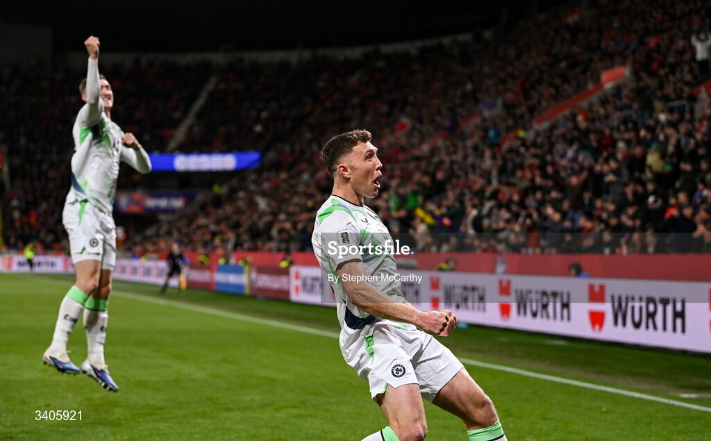 26 March 2026; Dara O'Shea of Republic of Ireland celebrates his side's second goal, an own goal by Matej Kovár of Czechia, during the FIFA World Cup 2026 European Qualifiers play-off semi-final match between Czechia and Republic of Ireland at Fortuna Arena in Prague, Czechia. Photo by Stephen McCarthy/Sportsfile