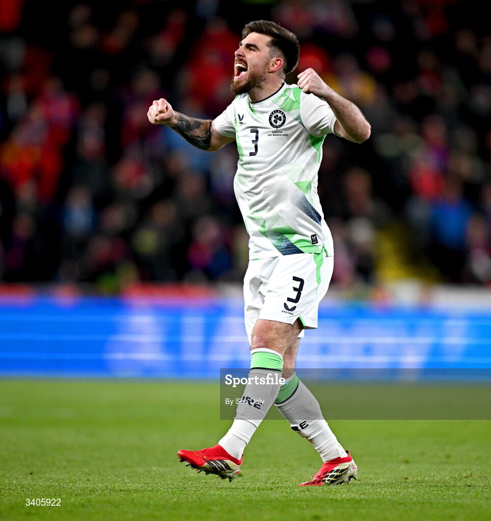 26 March 2026; Ryan Manning of Republic of Ireland celebrates after his side score a second goal during the FIFA World Cup 2026 European Qualifiers play-off semi-final match between Czechia and Republic of Ireland at Fortuna Arena in Prague, Czechia. Photo by Seb Daly/Sportsfile