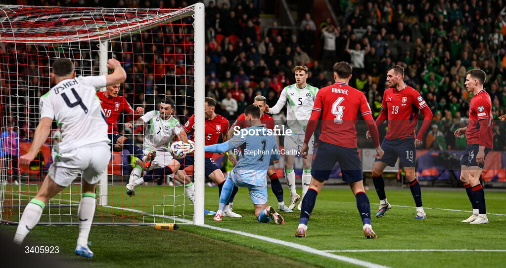 26 March 2026; Matej Kovár of Czechia concedes an own goal for the Republic of Ireland's second goal during the FIFA World Cup 2026 European Qualifiers play-off semi-final match between Czechia and Republic of Ireland at Fortuna Arena in Prague, Czechia. Photo by Stephen McCarthy/Sportsfile