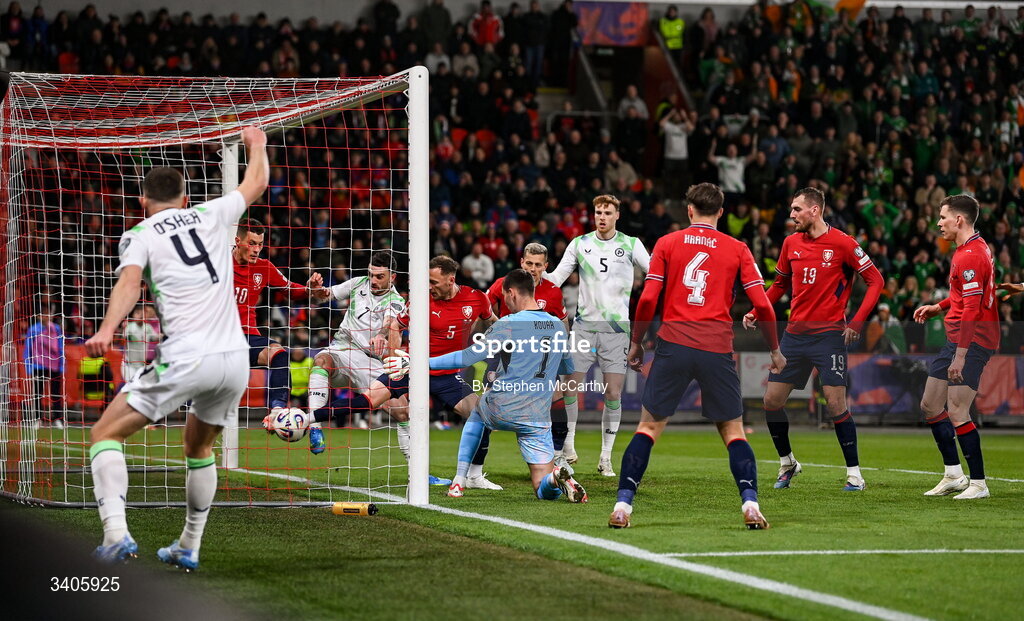 26 March 2026; Matej Kovár of Czechia concedes an own goal for the Republic of Ireland's second goal during the FIFA World Cup 2026 European Qualifiers play-off semi-final match between Czechia and Republic of Ireland at Fortuna Arena in Prague, Czechia. Photo by Stephen McCarthy/Sportsfile