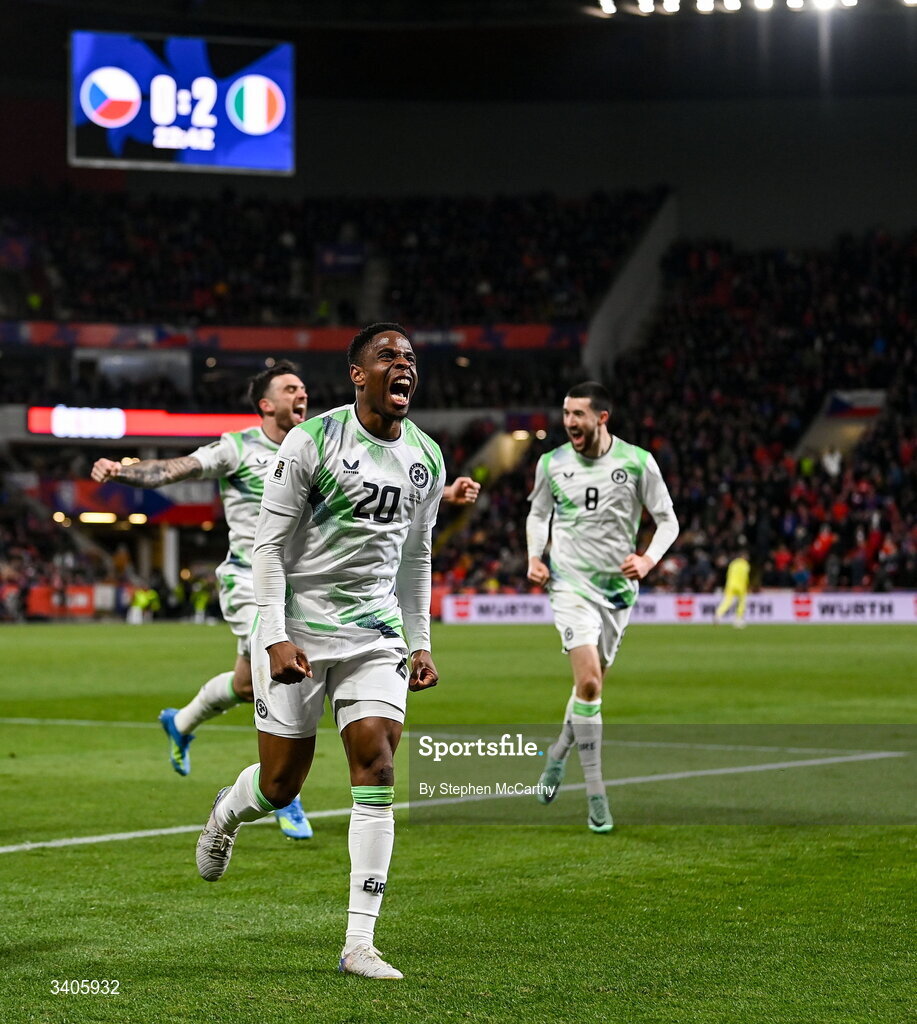 26 March 2026; Chiedozie Ogbene of Republic of Ireland celebrates his side's second goal, an own goal by Czechia goalkeeper Matej Kovár, during the FIFA World Cup 2026 European Qualifiers play-off semi-final match between Czechia and Republic of Ireland at Fortuna Arena in Prague, Czechia. Photo by Stephen McCarthy/Sportsfile