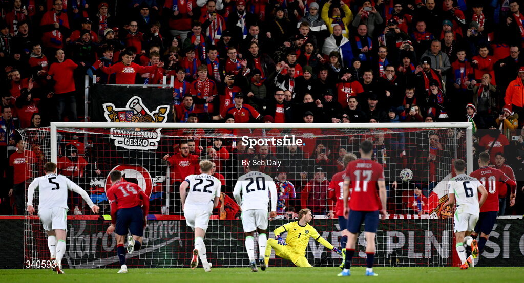26 March 2026; Patrik Schick of Czechia, right, shoots to score his side's first goal, a penalty, during the FIFA World Cup 2026 European Qualifiers play-off semi-final match between Czechia and Republic of Ireland at Fortuna Arena in Prague, Czechia. Photo by Seb Daly/Sportsfile