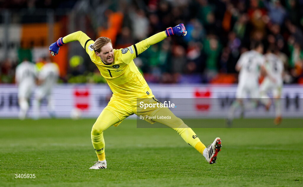 26 March 2026; Republic of Ireland goalkeeper Caoimhin Kelleher celebrates his side's first goal during the FIFA World Cup 2026 European Qualifiers play-off semi-final match between Czechia and Republic of Ireland at Fortuna Arena in Prague, Czechia. Photo by Pavel Lebeda/Sportsfile