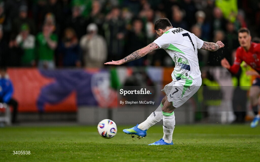 26 March 2026; Troy Parrott of Republic of Ireland shoots to score his side's first goal, a penalty, during the FIFA World Cup 2026 European Qualifiers play-off semi-final match between Czechia and Republic of Ireland at Fortuna Arena in Prague, Czechia. Photo by Stephen McCarthy/Sportsfile