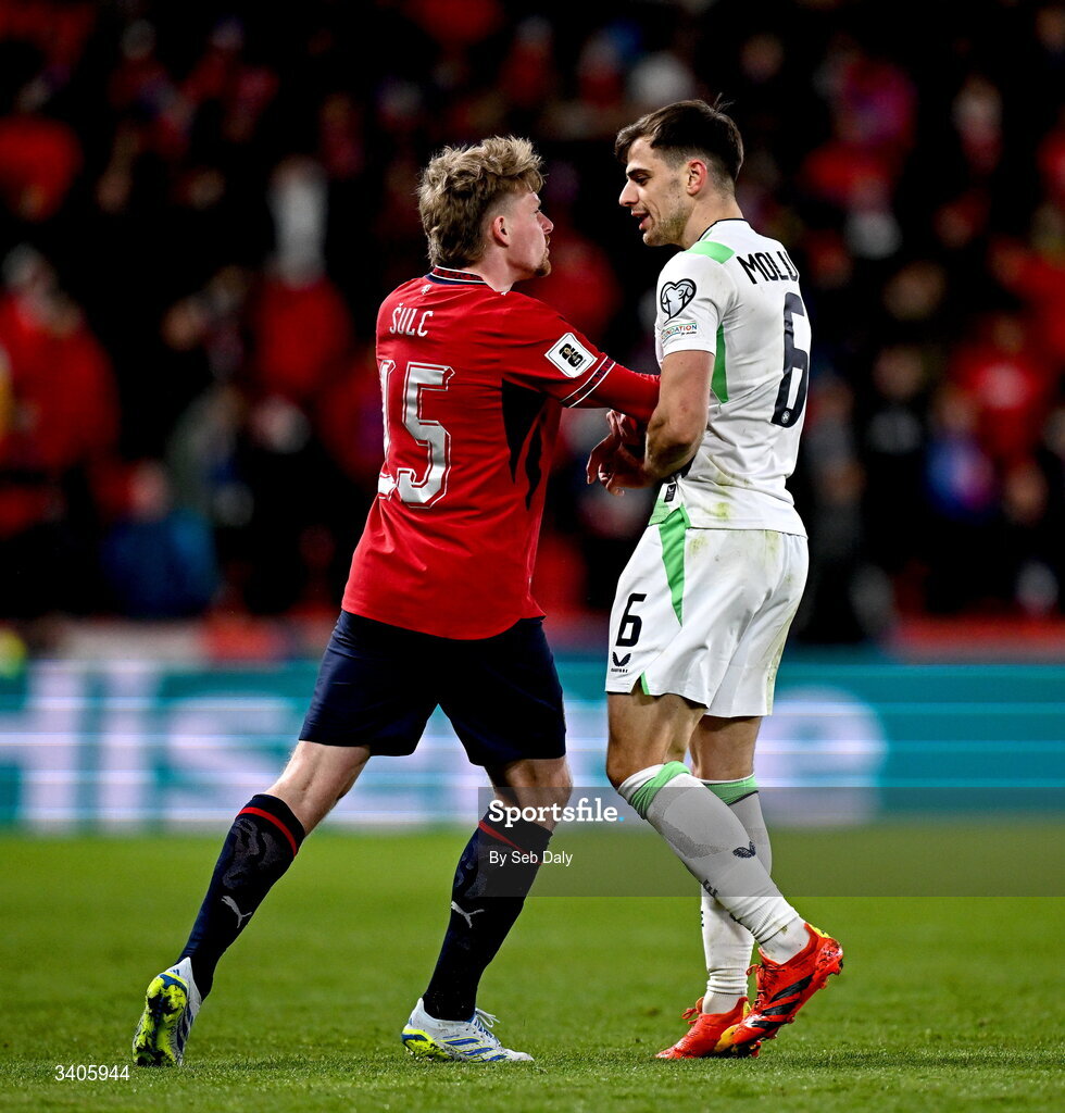 26 March 2026; Jayson Molumby of Republic of Ireland and Pavel Šulc of Czechia during the FIFA World Cup 2026 European Qualifiers play-off semi-final match between Czechia and Republic of Ireland at Fortuna Arena in Prague, Czechia. Photo by Seb Daly/Sportsfile