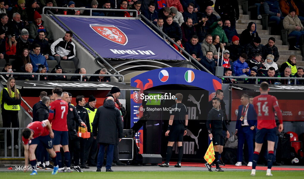 26 March 2026; Referee Glenn Nyberg reviews a VAR decision during the FIFA World Cup 2026 European Qualifiers play-off semi-final match between Czechia and Republic of Ireland at Fortuna Arena in Prague, Czechia. Photo by Stephen McCarthy/Sportsfile