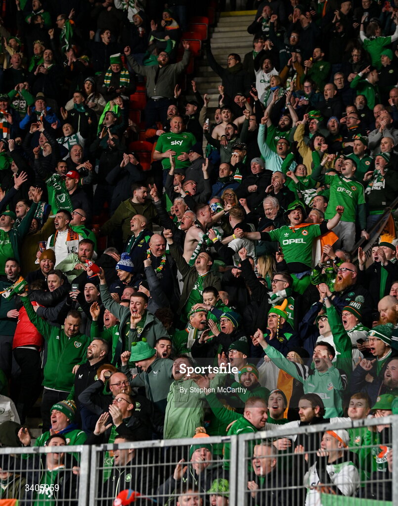 26 March 2026; Republic of Ireland supporters celebrate during the FIFA World Cup 2026 European Qualifiers play-off semi-final match between Czechia and Republic of Ireland at Fortuna Arena in Prague, Czechia. Photo by Stephen McCarthy/Sportsfile