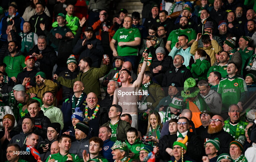 26 March 2026; Republic of Ireland supporters celebrate during the FIFA World Cup 2026 European Qualifiers play-off semi-final match between Czechia and Republic of Ireland at Fortuna Arena in Prague, Czechia. Photo by Stephen McCarthy/Sportsfile