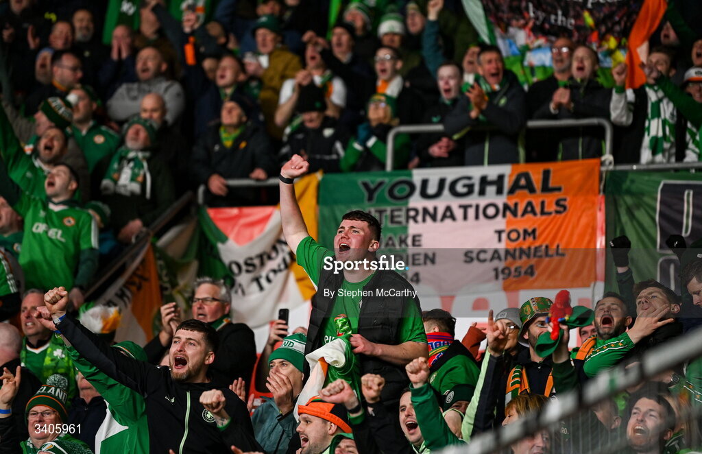 26 March 2026; Republic of Ireland supporters celebrate during the FIFA World Cup 2026 European Qualifiers play-off semi-final match between Czechia and Republic of Ireland at Fortuna Arena in Prague, Czechia. Photo by Stephen McCarthy/Sportsfile