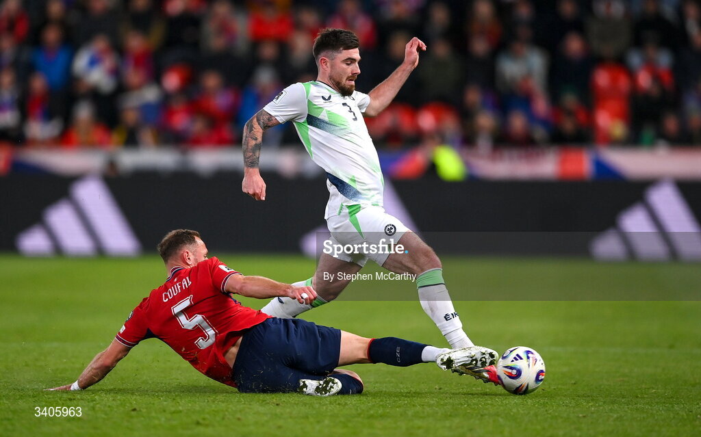 26 March 2026; Ryan Manning of Republic of Ireland in action against Vladimír Coufal of Czechia during the FIFA World Cup 2026 European Qualifiers play-off semi-final match between Czechia and Republic of Ireland at Fortuna Arena in Prague, Czechia. Photo by Stephen McCarthy/Sportsfile