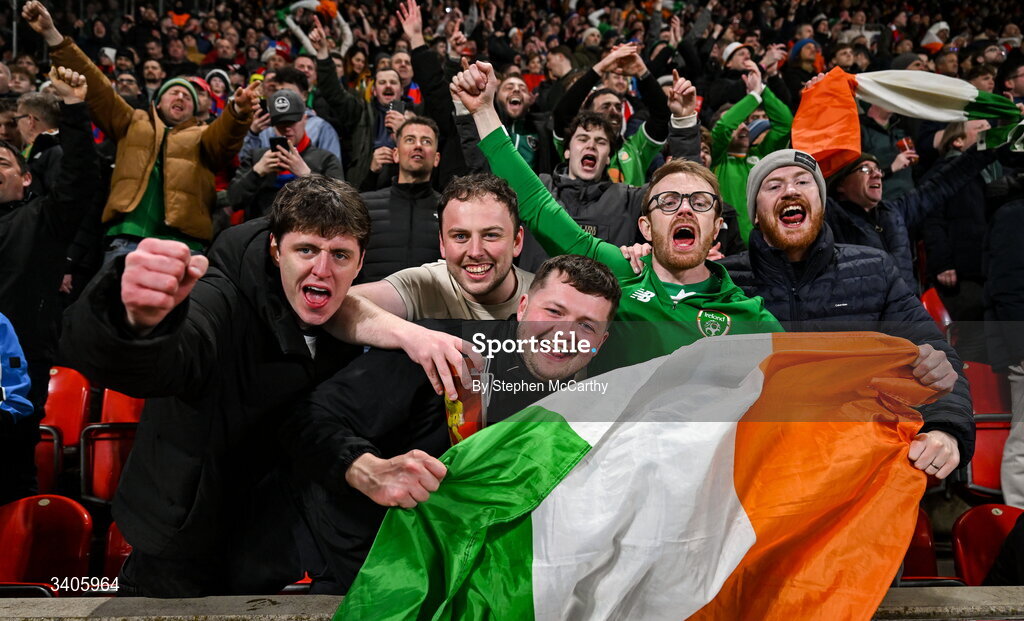 26 March 2026; Republic of Ireland supporters celebrate during the FIFA World Cup 2026 European Qualifiers play-off semi-final match between Czechia and Republic of Ireland at Fortuna Arena in Prague, Czechia. Photo by Stephen McCarthy/Sportsfile