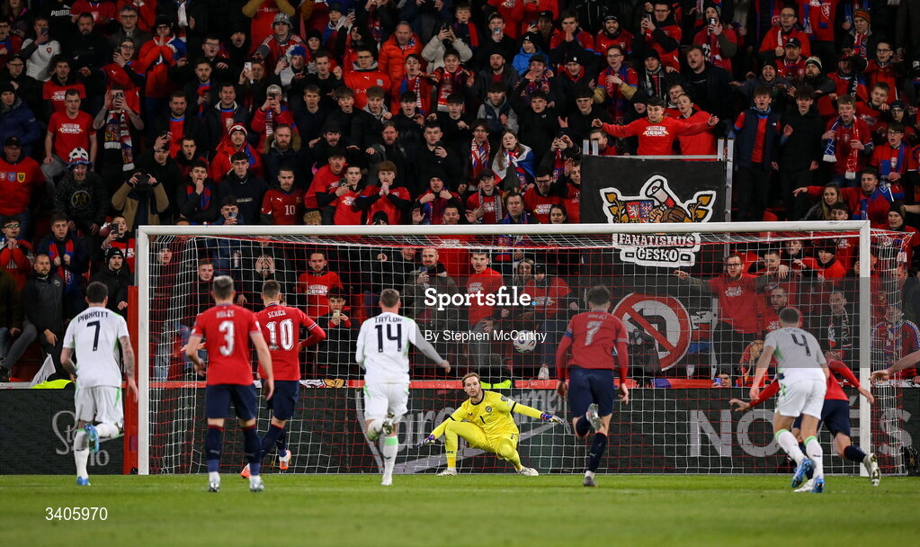 26 March 2026; Patrik Schick of Czechia, 10, shoots to score his side's first goal during the FIFA World Cup 2026 European Qualifiers play-off semi-final match between Czechia and Republic of Ireland at Fortuna Arena in Prague, Czechia. Photo by Stephen McCarthy/Sportsfile