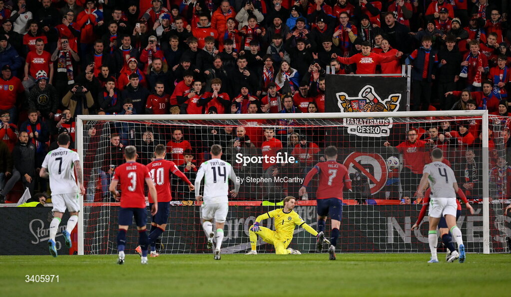 26 March 2026; Patrik Schick of Czechia, 10, shoots to score his side's first goal during the FIFA World Cup 2026 European Qualifiers play-off semi-final match between Czechia and Republic of Ireland at Fortuna Arena in Prague, Czechia. Photo by Stephen McCarthy/Sportsfile