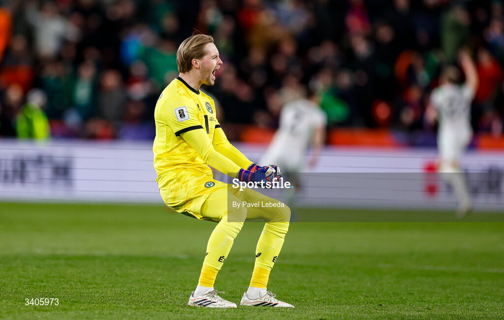 26 March 2026; Republic of Ireland goalkeeper Caoimhin Kelleher celebrates after his side score a second goal during the FIFA World Cup 2026 European Qualifiers play-off semi-final match between Czechia and Republic of Ireland at Fortuna Arena in Prague, Czechia. Photo by Pavel Lebeda/Sportsfile