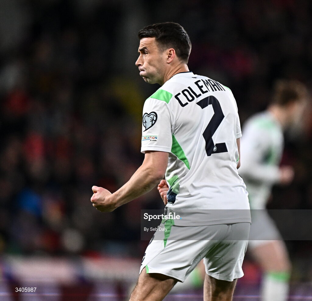 26 March 2026; Seamus Coleman of Republic of Ireland celebrates after his side score a second goal during the FIFA World Cup 2026 European Qualifiers play-off semi-final match between Czechia and Republic of Ireland at Fortuna Arena in Prague, Czechia. Photo by Seb Daly/Sportsfile