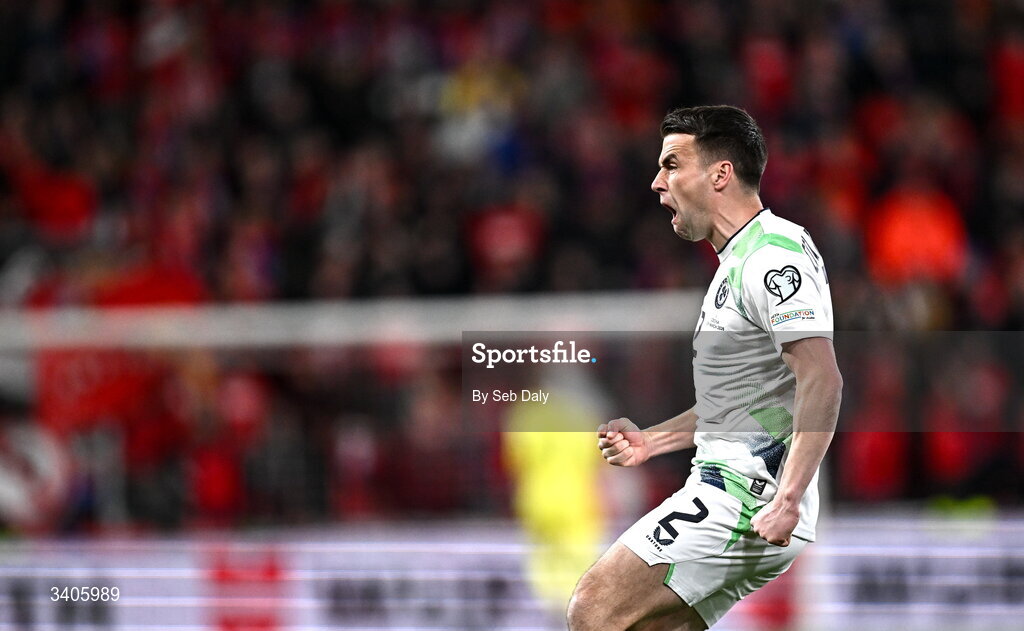 26 March 2026; Seamus Coleman of Republic of Ireland celebrates after his side score a second goal during the FIFA World Cup 2026 European Qualifiers play-off semi-final match between Czechia and Republic of Ireland at Fortuna Arena in Prague, Czechia. Photo by Seb Daly/Sportsfile