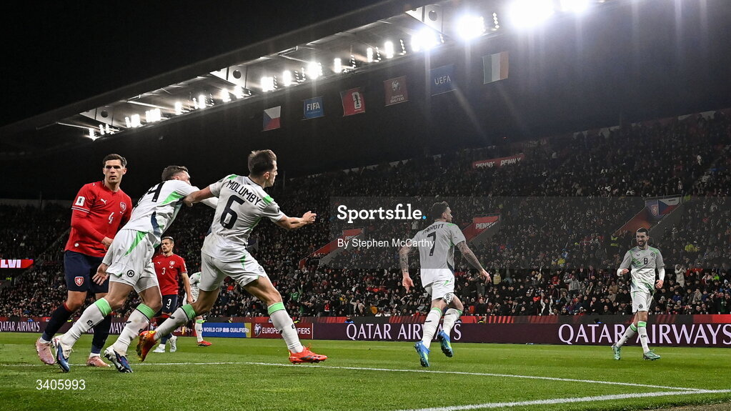 26 March 2026; Troy Parrott of Republic of Ireland, 7, celebrates after scoring his side's first goal during the FIFA World Cup 2026 European Qualifiers play-off semi-final match between Czechia and Republic of Ireland at Fortuna Arena in Prague, Czechia. Photo by Stephen McCarthy/Sportsfile