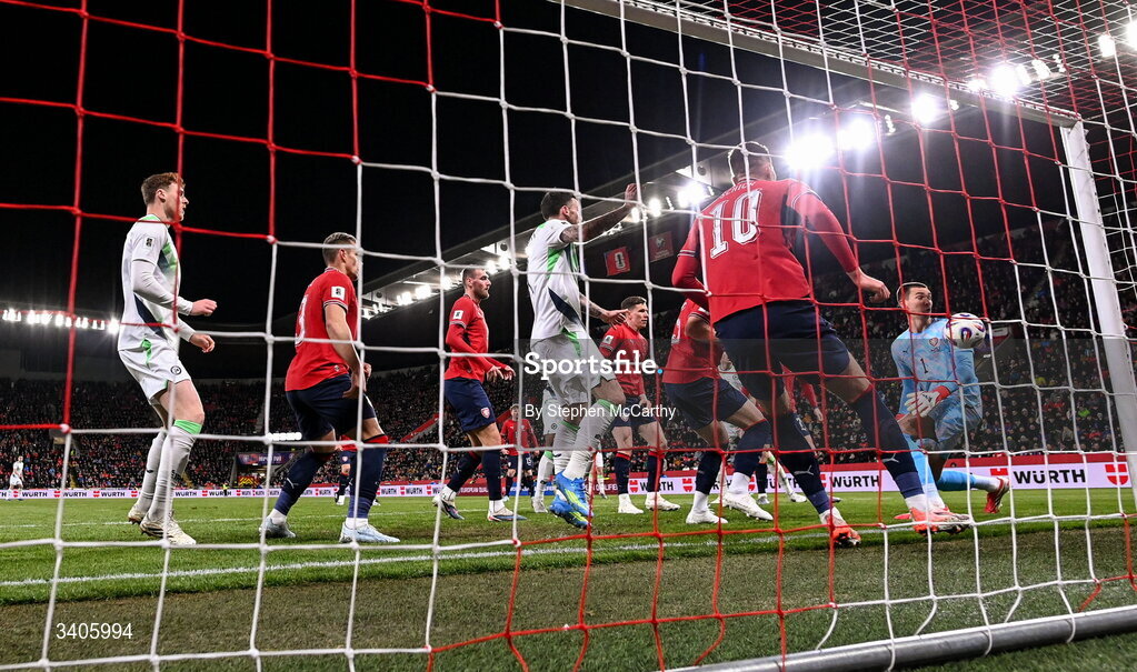 26 March 2026; Republic of Ireland scores their side's second goal, an own goal by Czechia goalkeeper Matej Kovár during the FIFA World Cup 2026 European Qualifiers play-off semi-final match between Czechia and Republic of Ireland at Fortuna Arena in Prague, Czechia. Photo by Stephen McCarthy/Sportsfile