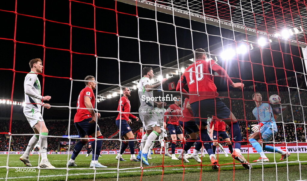 26 March 2026; Republic of Ireland scores their side's second goal, an own goal by Czechia goalkeeper Matej Kovár during the FIFA World Cup 2026 European Qualifiers play-off semi-final match between Czechia and Republic of Ireland at Fortuna Arena in Prague, Czechia. Photo by Stephen McCarthy/Sportsfile