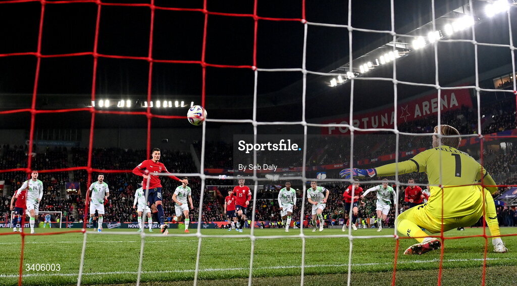 26 March 2026; Patrik Schick of Czechia shoots to score his side's first goal, a penalty, during the FIFA World Cup 2026 European Qualifiers play-off semi-final match between Czechia and Republic of Ireland at Fortuna Arena in Prague, Czechia. Photo by Seb Daly/Sportsfile