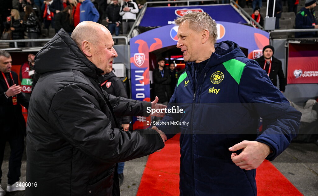 26 March 2026; Republic of Ireland head coach Heimir Hallgrimsson and Czechia manager Miroslav Koubek before the FIFA World Cup 2026 European Qualifiers play-off semi-final match between Czechia and Republic of Ireland at Fortuna Arena in Prague, Czechia. Photo by Stephen McCarthy/Sportsfile