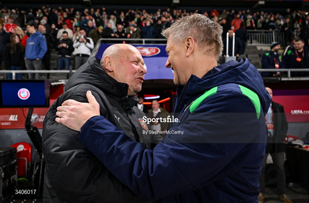 26 March 2026; Republic of Ireland head coach Heimir Hallgrimsson and Czechia manager Miroslav Koubek before the FIFA World Cup 2026 European Qualifiers play-off semi-final match between Czechia and Republic of Ireland at Fortuna Arena in Prague, Czechia. Photo by Stephen McCarthy/Sportsfile