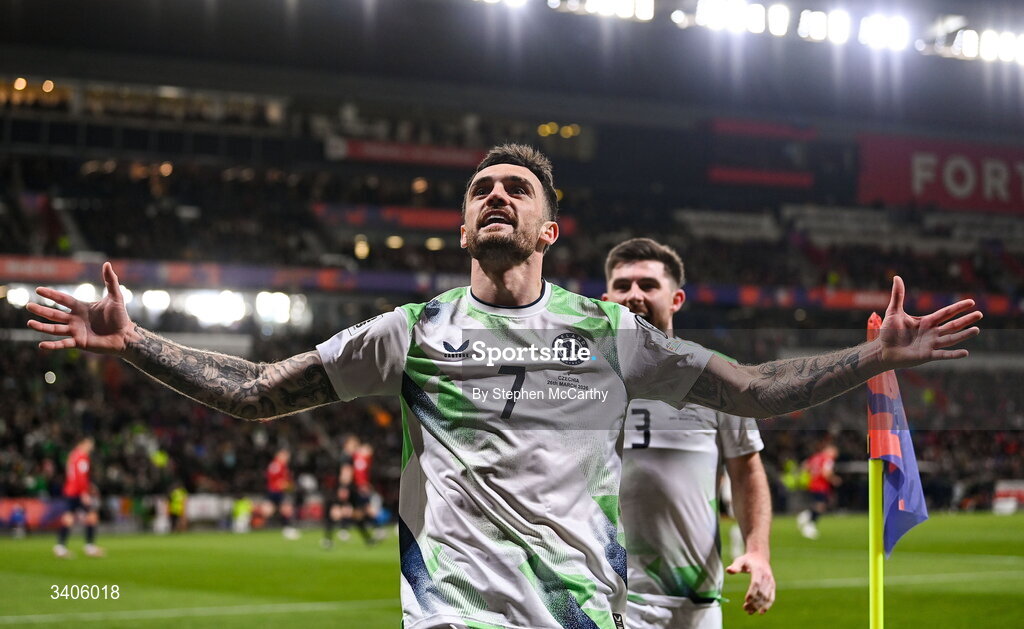 26 March 2026; Troy Parrott of Republic of Ireland celebrates after scoring his side's first goal, a penalty, during the FIFA World Cup 2026 European Qualifiers play-off semi-final match between Czechia and Republic of Ireland at Fortuna Arena in Prague, Czechia. Photo by Stephen McCarthy/Sportsfile