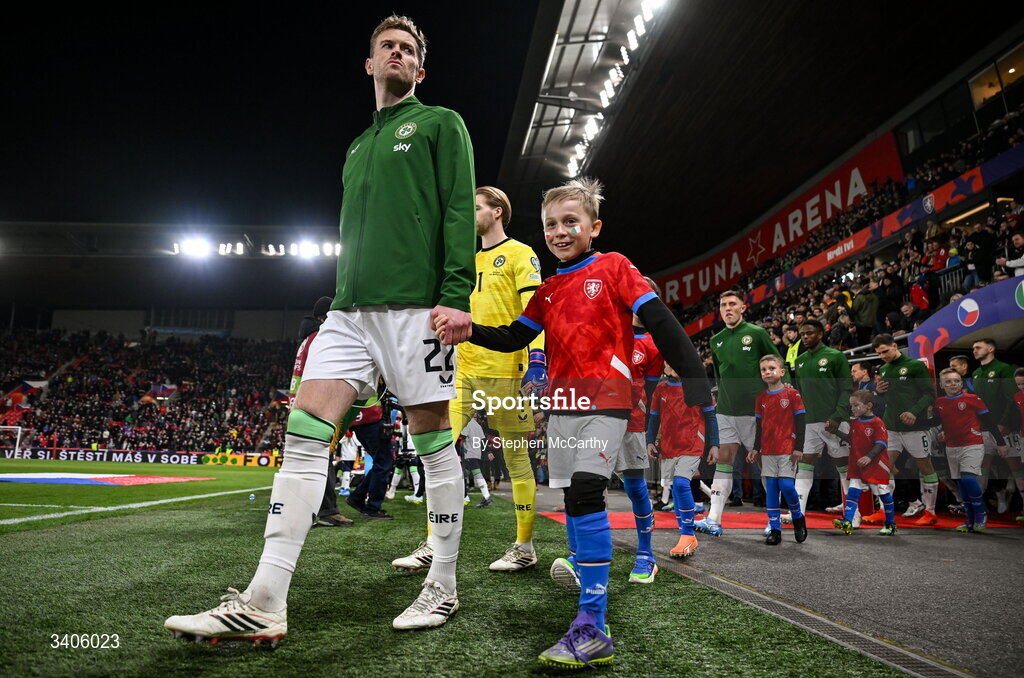 26 March 2026; Nathan Collins of Republic of Ireland before the FIFA World Cup 2026 European Qualifiers play-off semi-final match between Czechia and Republic of Ireland at Fortuna Arena in Prague, Czechia. Photo by Stephen McCarthy/Sportsfile