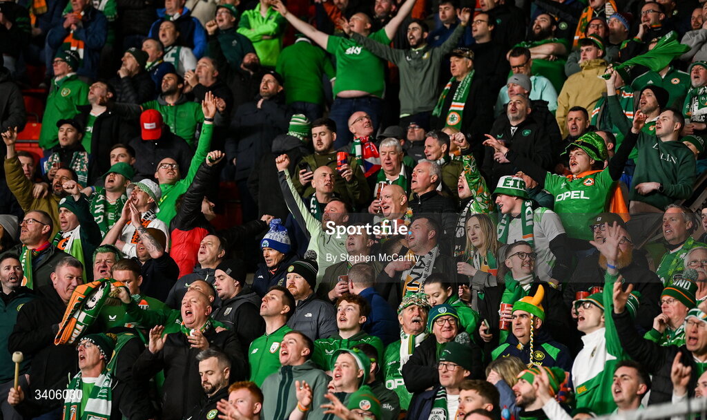 26 March 2026; Republic of Ireland supporters during the FIFA World Cup 2026 European Qualifiers play-off semi-final match between Czechia and Republic of Ireland at Fortuna Arena in Prague, Czechia. Photo by Stephen McCarthy/Sportsfile