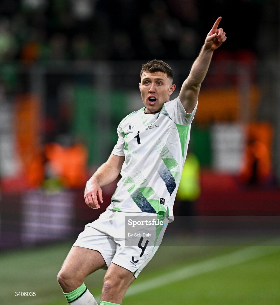 26 March 2026; Dara O'Shea of Republic of Ireland during the FIFA World Cup 2026 European Qualifiers play-off semi-final match between Czechia and Republic of Ireland at Fortuna Arena in Prague, Czechia. Photo by Seb Daly/Sportsfile