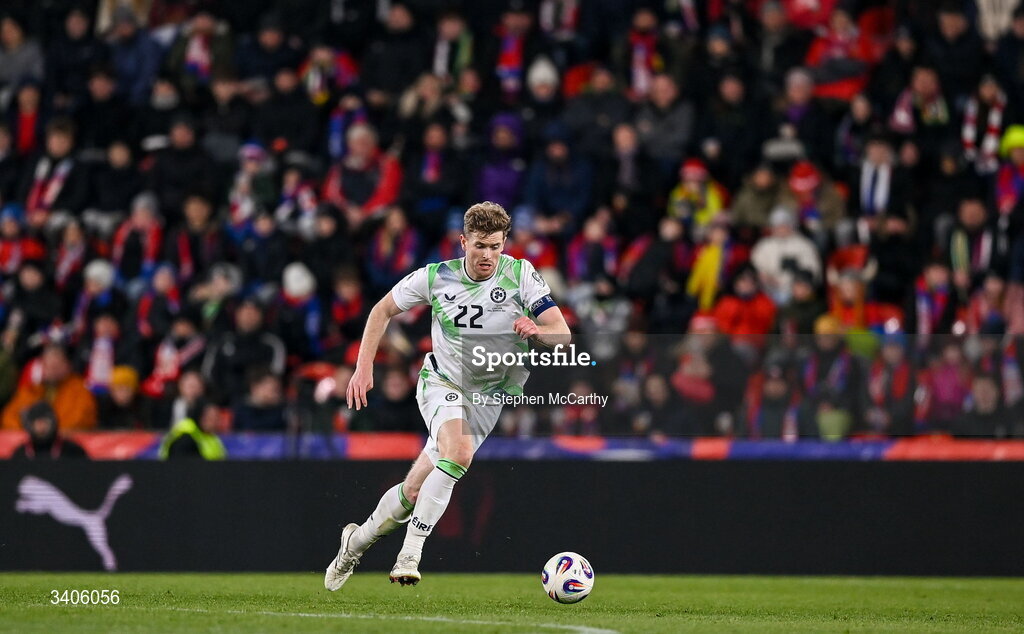 26 March 2026; Nathan Collins of Republic of Ireland during the FIFA World Cup 2026 European Qualifiers play-off semi-final match between Czechia and Republic of Ireland at Fortuna Arena in Prague, Czechia. Photo by Stephen McCarthy/Sportsfile