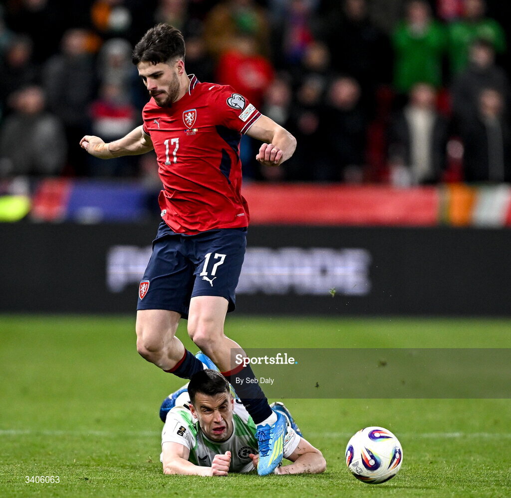 26 March 2026; Seamus Coleman of Republic of Ireland is tackled by David Jurásek of Czechia during the FIFA World Cup 2026 European Qualifiers play-off semi-final match between Czechia and Republic of Ireland at Fortuna Arena in Prague, Czechia. Photo by Seb Daly/Sportsfile