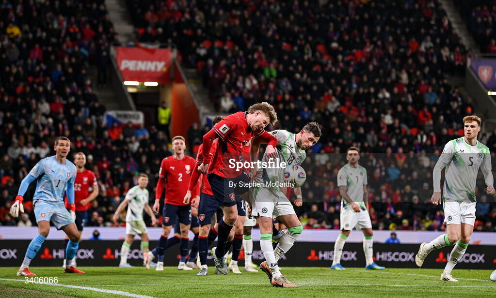 26 March 2026; Alan Browne of Republic of Ireland in action against Pavel Šulc of Czechia during the FIFA World Cup 2026 European Qualifiers play-off semi-final match between Czechia and Republic of Ireland at Fortuna Arena in Prague, Czechia. Photo by Stephen McCarthy/Sportsfile