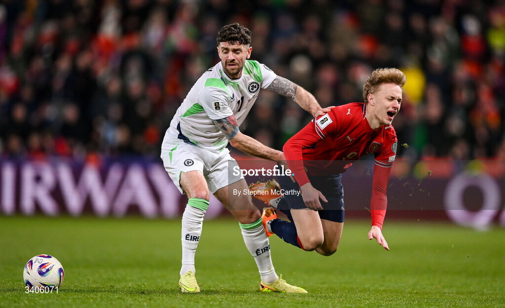 26 March 2026; Robbie Brady of Republic of Ireland in action against Adam Karabec of Czechia during the FIFA World Cup 2026 European Qualifiers play-off semi-final match between Czechia and Republic of Ireland at Fortuna Arena in Prague, Czechia. Photo by Stephen McCarthy/Sportsfile
