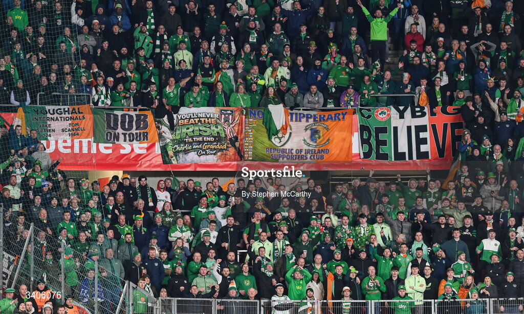 26 March 2026; Republic of Ireland supporters during the FIFA World Cup 2026 European Qualifiers play-off semi-final match between Czechia and Republic of Ireland at Fortuna Arena in Prague, Czechia. Photo by Stephen McCarthy/Sportsfile