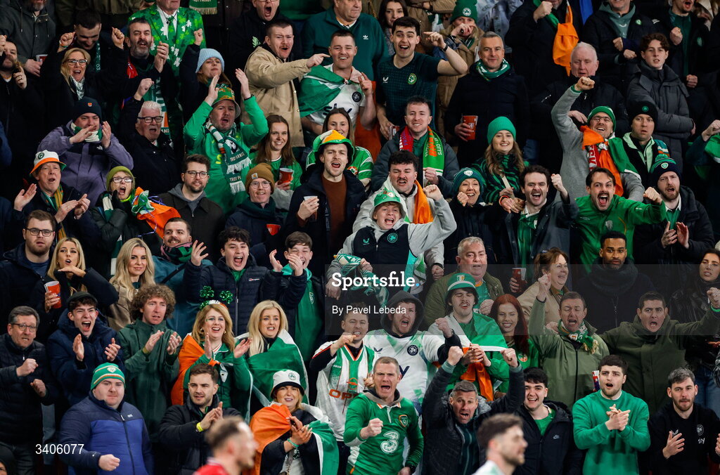 26 March 2026; Republic of Ireland supporters during the FIFA World Cup 2026 European Qualifiers play-off semi-final match between Czechia and Republic of Ireland at Fortuna Arena in Prague, Czechia. Photo by Pavel Lebeda/Sportsfile