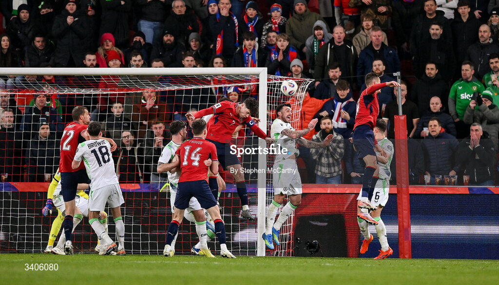 26 March 2026; Ladislav Krejcí of Czechia, centre, heads to score his side's second goal during the FIFA World Cup 2026 European Qualifiers play-off semi-final match between Czechia and Republic of Ireland at Fortuna Arena in Prague, Czechia. Photo by Stephen McCarthy/Sportsfile